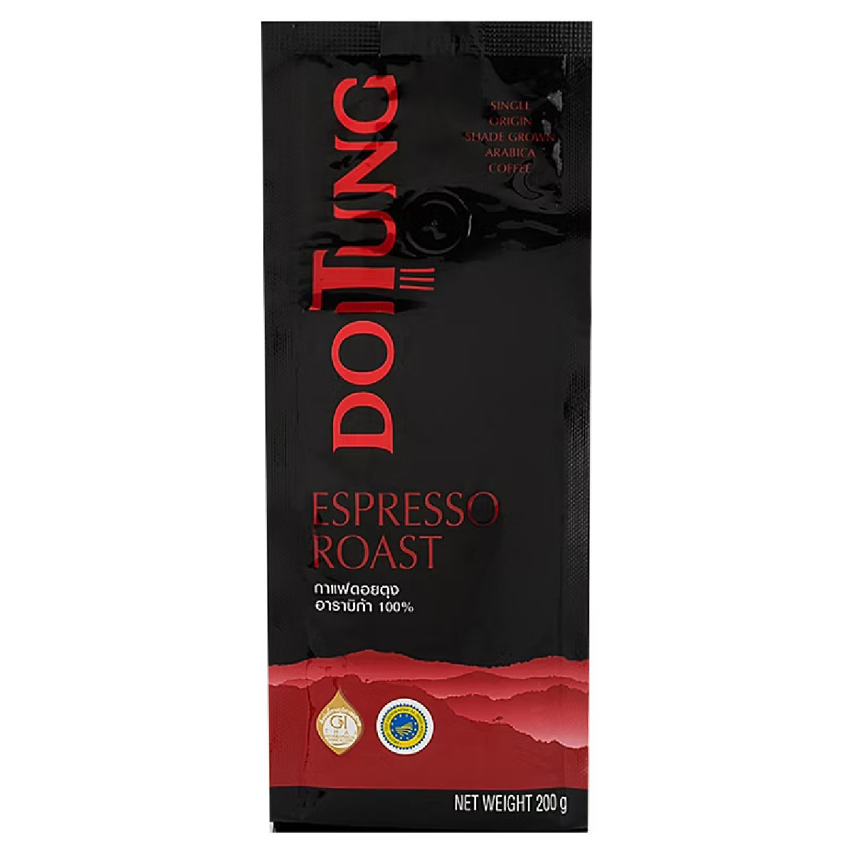 Doi Tung Coffee Espresso roasted drink in a glass mug showing rich dark coffee with a smooth crema on top.