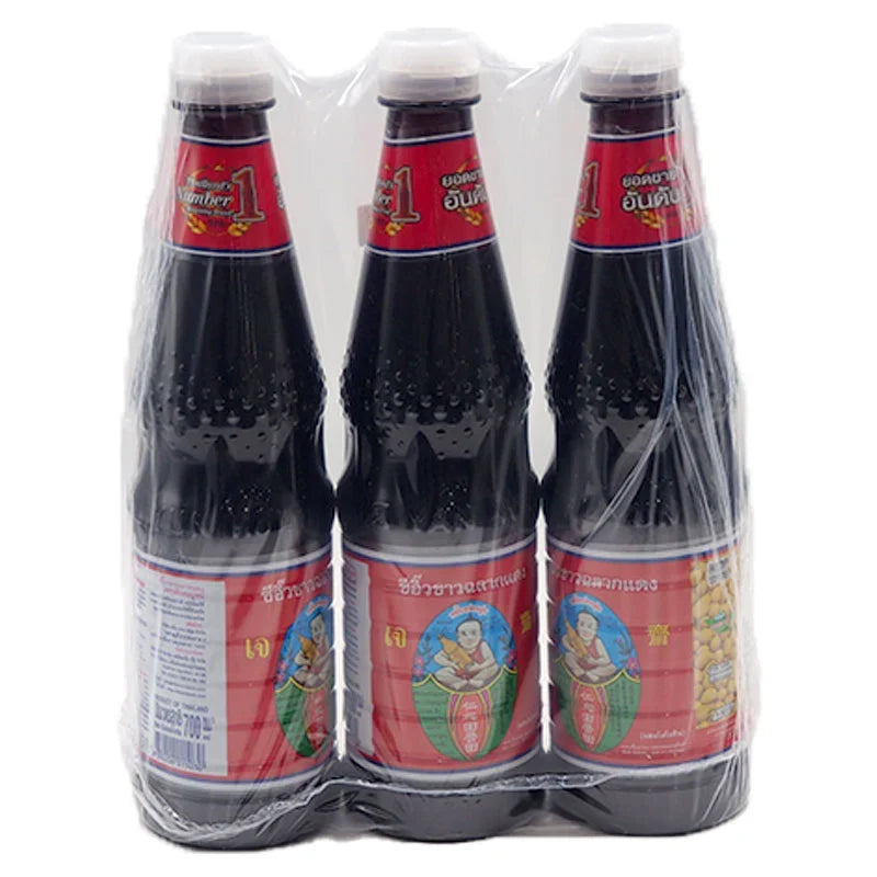 Three bottles of DEK SOM Boon Red Label Soy Sauce, 700ml each, in clear bottles with red labels for dry grocery use.