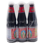 Three bottles of DEK SOM Boon Red Label Soy Sauce, 700ml each, in clear bottles with red labels for dry grocery use.