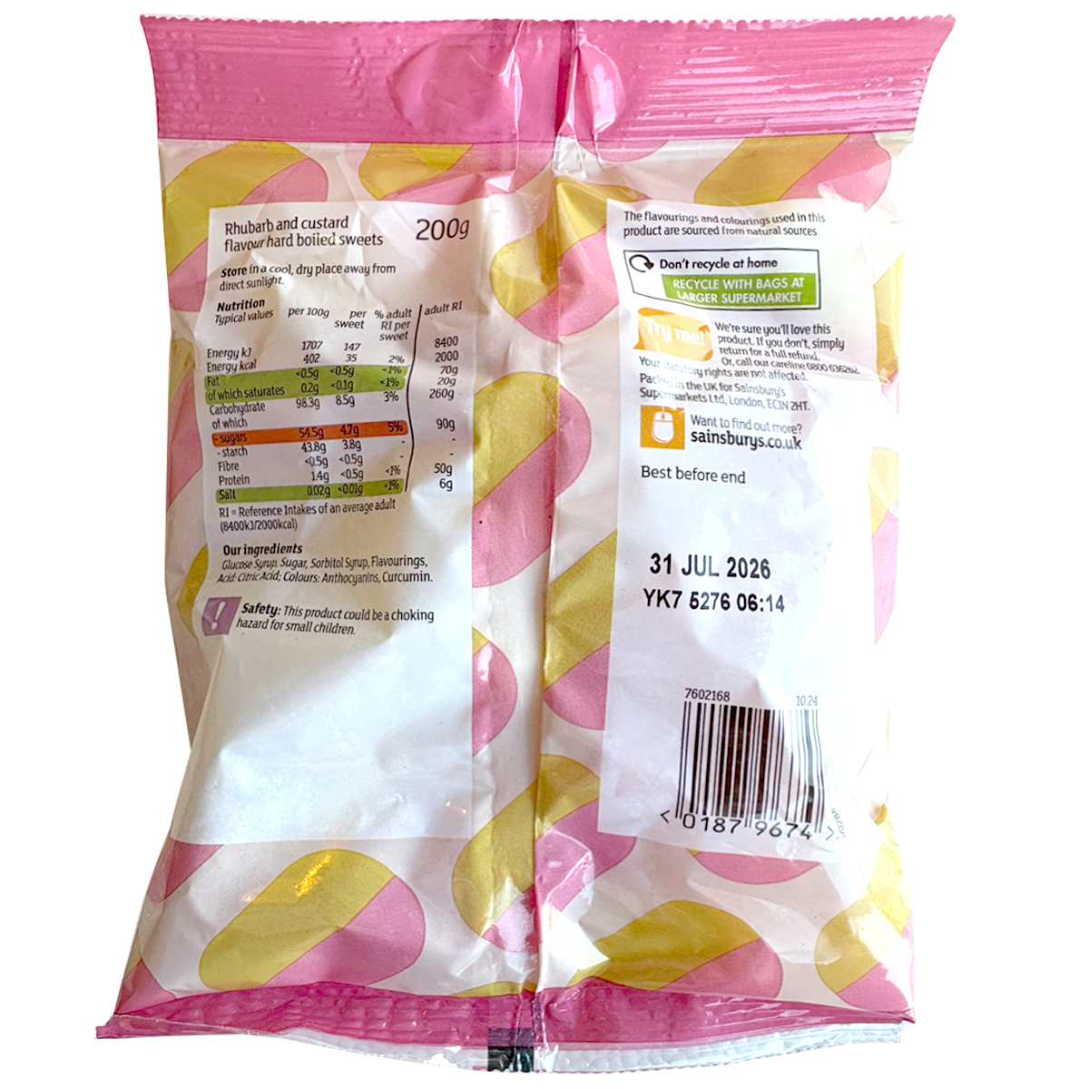 Sainsbury's Rhubarb and Custard confectionery snacks featuring colorful, chewy candies with rhubarb and custard flavors.