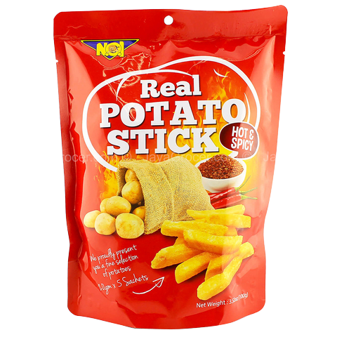 Noi Hot Spicy Potato Stick confectionery snack with crispy, spicy potato sticks in a colorful package.