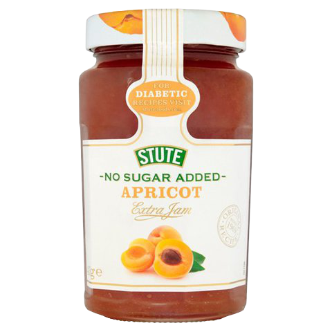 Stute Apricot Jam jar with golden apricot preserves and label, showcasing a healthy grocery product from the Stute brand.