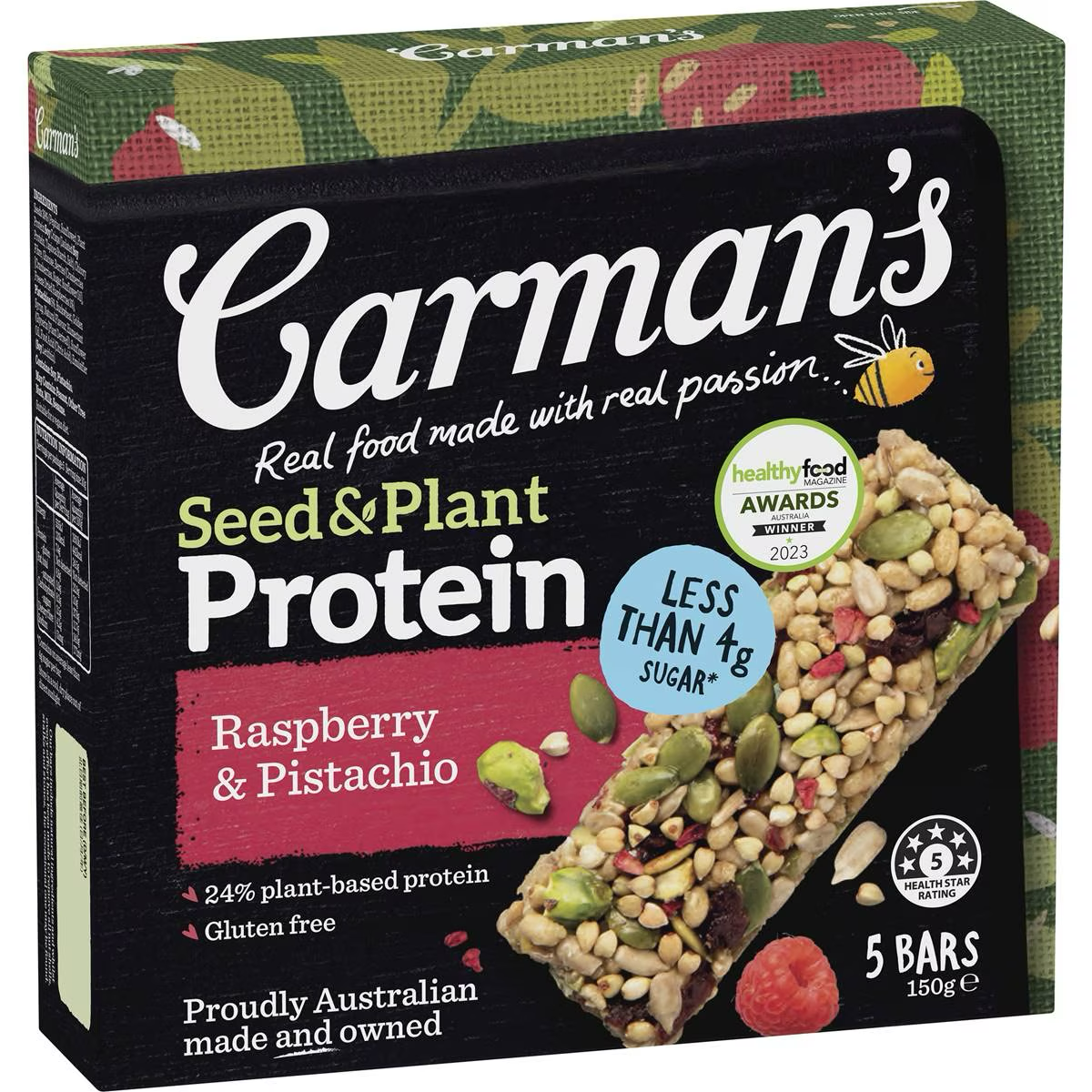 Carman's Seed Plant Raspberry Pistachio grocery snack bag with visible seeds and nuts, showcasing healthy ingredients.