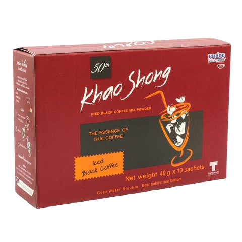 Khao Shong Iced Black Coffee in a clear glass, showcasing dark coffee with ice cubes, served cold and refreshing.