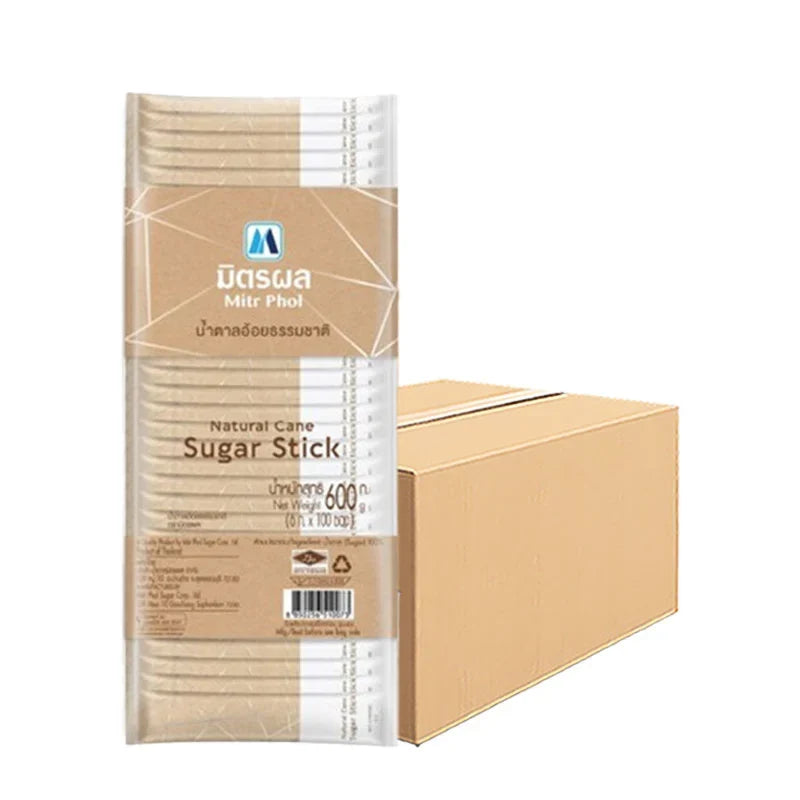 Mitrphol Sugar Stick Natural Cane 6g, 20-pack, showing individual sugar sticks in clear packaging, ideal for sweetening beverages.