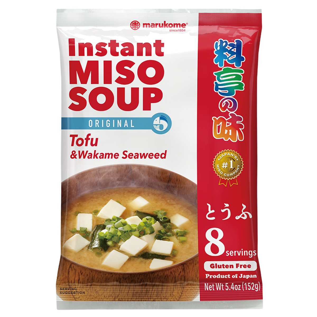A bowl of Mirukome Instant Miso Soup with tofu, featuring a steaming bowl of miso soup with tofu cubes and green onions.