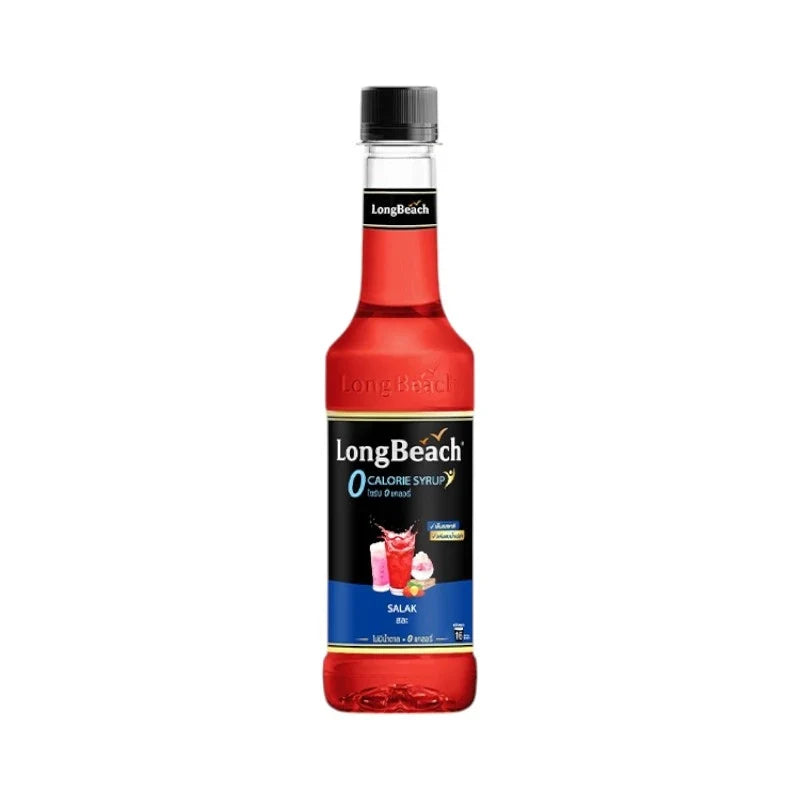 LongBeach Zero Calories Salak Syrup bottle, dry grocery product with clear label and dark liquid content.