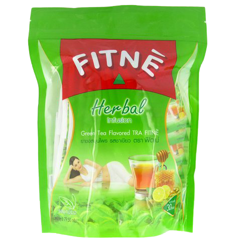 A glass cup of Fitne Green Tea Herbal Infusion drink with fresh green tea leaves and herbs visible inside the transparent cup.
