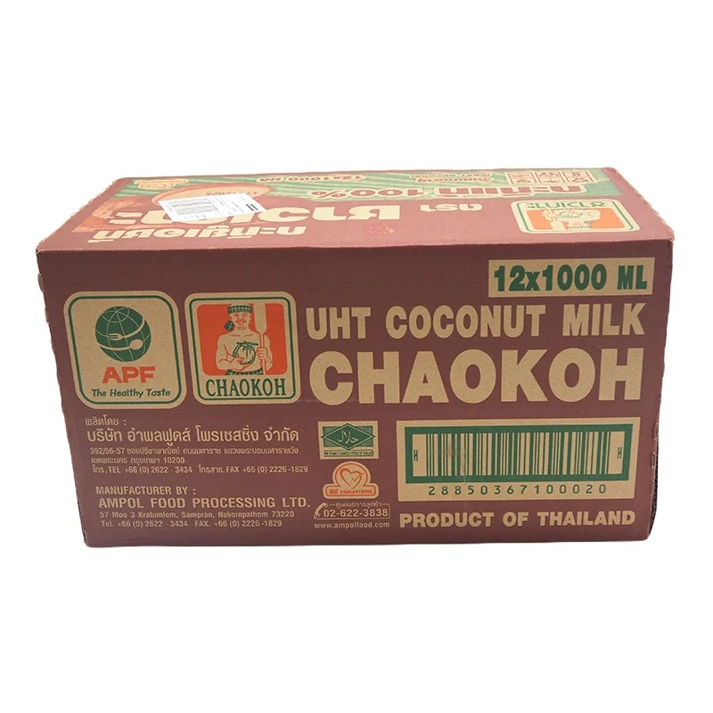 Chaokoh coconut milk in 1L cartons, 12-pack, creamy Thai coconut milk for cooking and baking, from the CHAOKOH brand.