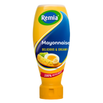 Creamy Remia Mayonnaise in a jar, showcasing the smooth texture and classic label design for grocery shopping.