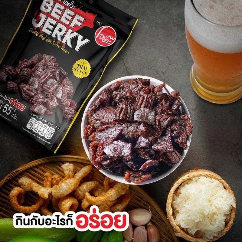 O-yua Salty Thai-style beef jerky snack in 55g package, showcasing tender, flavorful beef strips ready to eat.