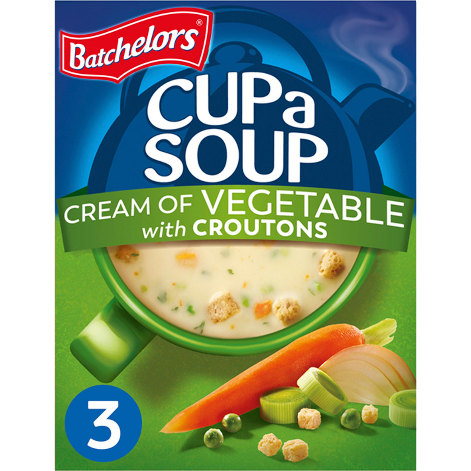 A bowl of Batchelors Cream of Vegetable Soup with croutons, featuring a creamy vegetable soup garnished with crunchy croutons.