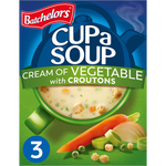 A bowl of Batchelors Cream of Vegetable Soup with croutons, featuring a creamy vegetable soup garnished with crunchy croutons.