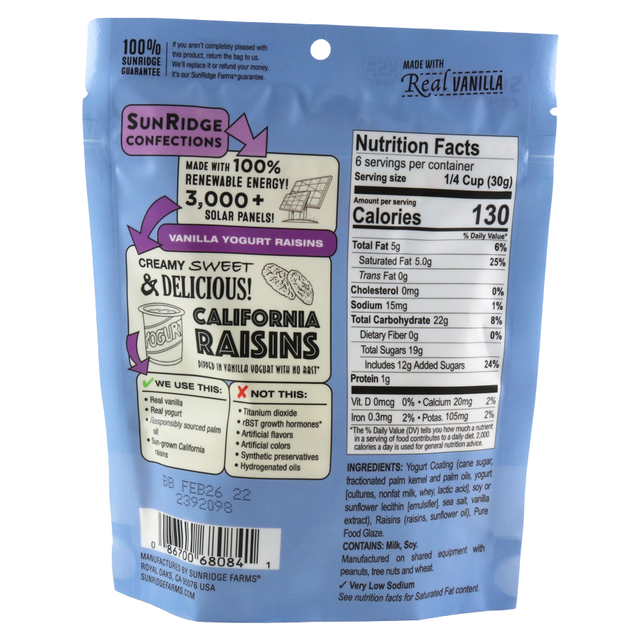 Sunridge Farms All Natural Yogurt Raisins in a clear bowl, showcasing glossy, plump raisins coated with yogurt for healthy snack options.