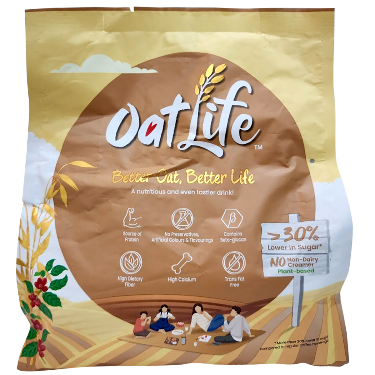 Oatlife Oat White Coffee in a clear glass mug, showing creamy white coffee with a smooth texture and frothy top.