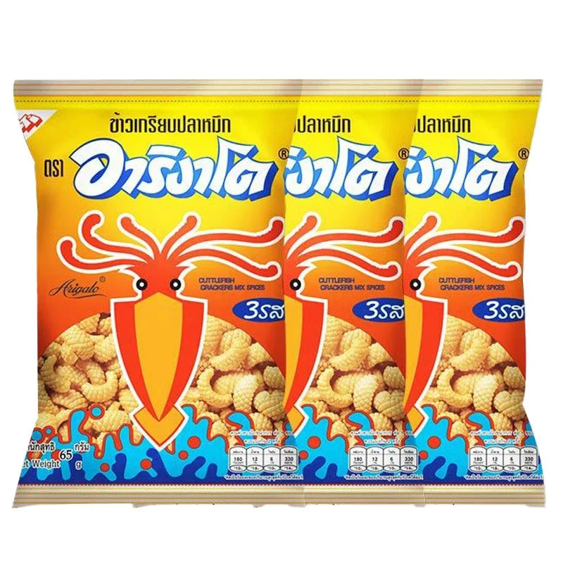 Arigato Cuttlefish Crackers 65g pack, three boxes of crispy seafood snack from the dry grocery and confectionery category.