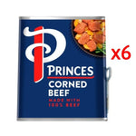 Cans of Princes Corned Beef made with 100% beef, 340g each, stacked together for dry grocery shopping.