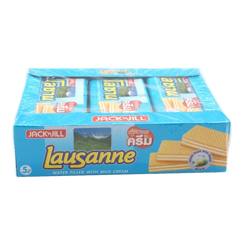 LAUSANNE Lausanne Jumbo Wafer Milk 28g, stacked, showing crispy wafer layers and creamy milk filling in a snack package.