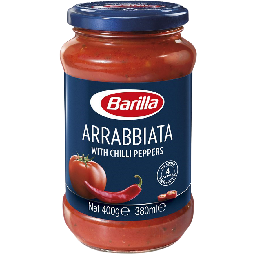 Jar of Barilla Arrabbiata Sauce with red chili pepper label, showcasing spicy tomato pasta sauce in a grocery store setting.