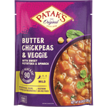 Patak's Butter Chickpeas and Veggies in a grocery package, featuring a colorful label with chickpeas and vegetable images.