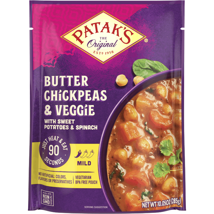 Patak's Butter Chickpeas and Veggies in a grocery package, featuring a colorful label with chickpeas and vegetable images.