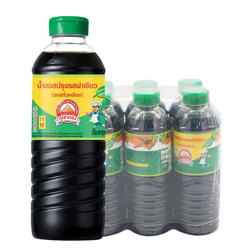 Golden Mountain Seasoning Sauce with green cap, 500ml bottles, arranged in a six-pack, ideal for enhancing Asian dishes.