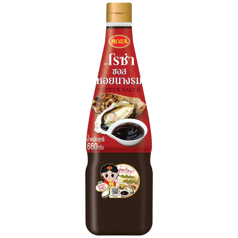 Bottle of Roza Oyster Sauce, a savory grocery product with a dark, rich sauce inside a plastic bottle.