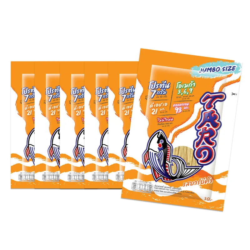 TARO Taro Fish Snack Barbecue Flavored 30g, packaged in six snack packs, savory seafood snack in a clear plastic wrapper.