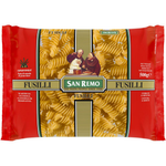 Sanremo Fusilli pasta in a clear bowl, showcasing spiral-shaped dry pasta from the Sanremo grocery brand.
