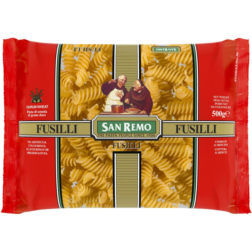 Sanremo Fusilli pasta in a clear bowl, showcasing spiral-shaped dry pasta from the Sanremo grocery brand.