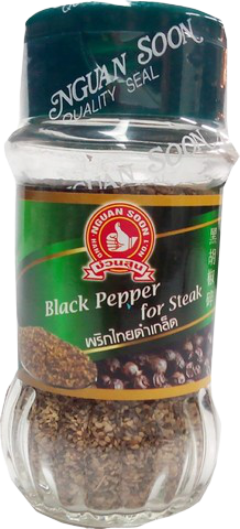 Nguan Soon black pepper for steak in a grocery package, showing black peppercorns ready for seasoning culinary dishes