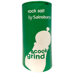Sainsbury's rock salt in a clear container, showing coarse white salt crystals for culinary and seasoning use.