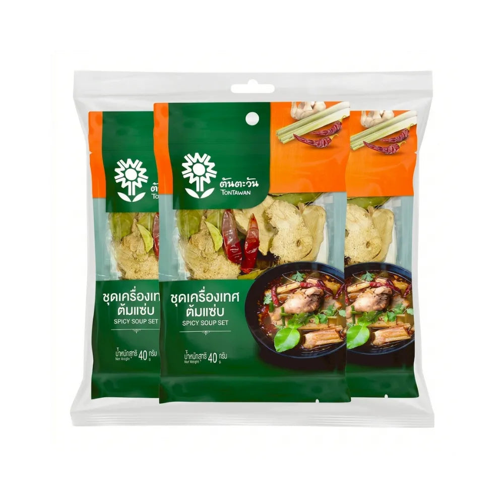Tontawan Spicy Soup Set with three 40g packs of dry grocery seasoning for flavorful Thai-style soups.