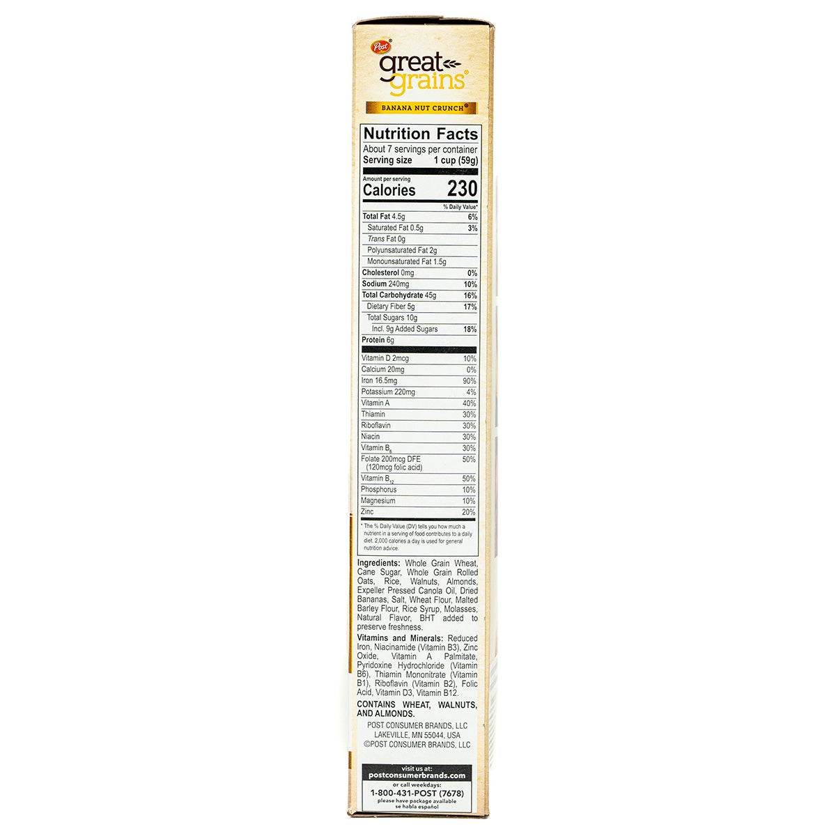 Post Great Grains Banana Nut Crunch cereal box with colorful packaging and images of bananas and nuts on the front.