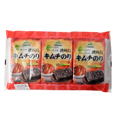 Godbawee Seaweed Kimchi confectionery snack in a colorful package with seaweed and kimchi flavor imagery.