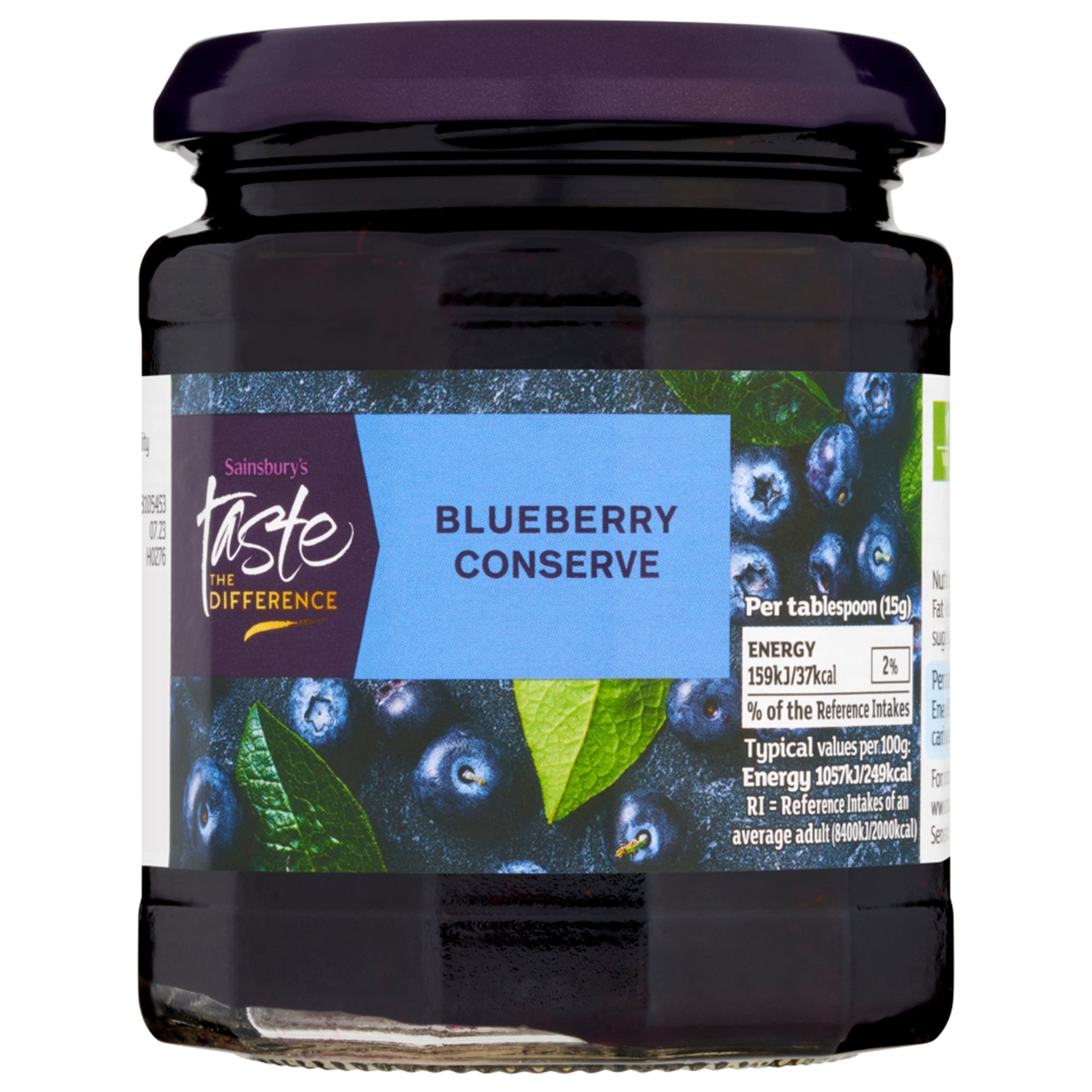 Sainsbury's Taste The Difference blueberry conserve jar with blue and purple jam inside, featuring a white lid and label