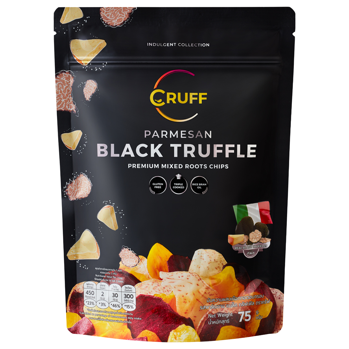 Cruff Mixed Root Chips with Parmesan and Black Truffle flavor, showcasing crispy snack chips in a colorful package.