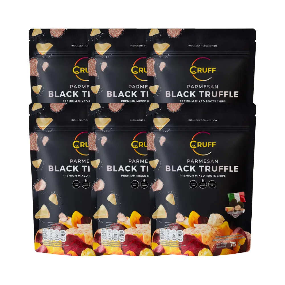Multi-colored Cruff crispy fried potatoes snack with parmesan and black truffle flavor, showcasing golden, crispy potato pieces.