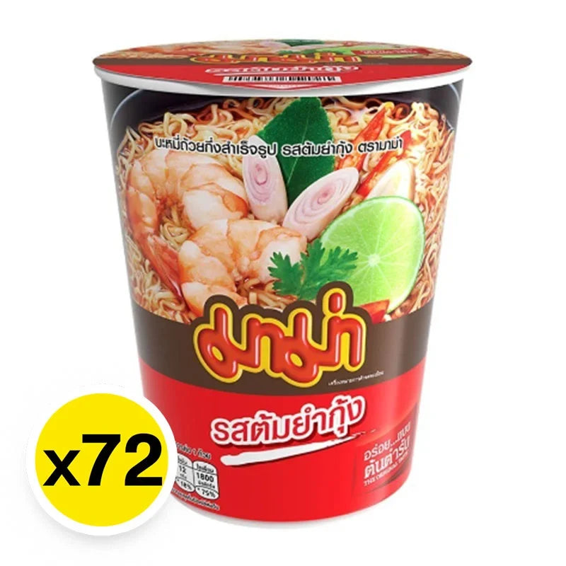 Mama Cup Tomyum Kung 60g, dry grocery instant soup package with spicy Tomyum flavor, featuring seafood ingredients and vibrant packaging.
