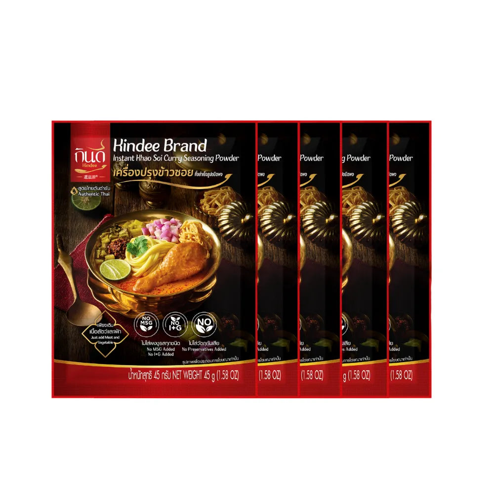 Kindee Khao Soi powder, 45g x5 packs, dry grocery product with Thai-style curry spice blend in a sealed package.