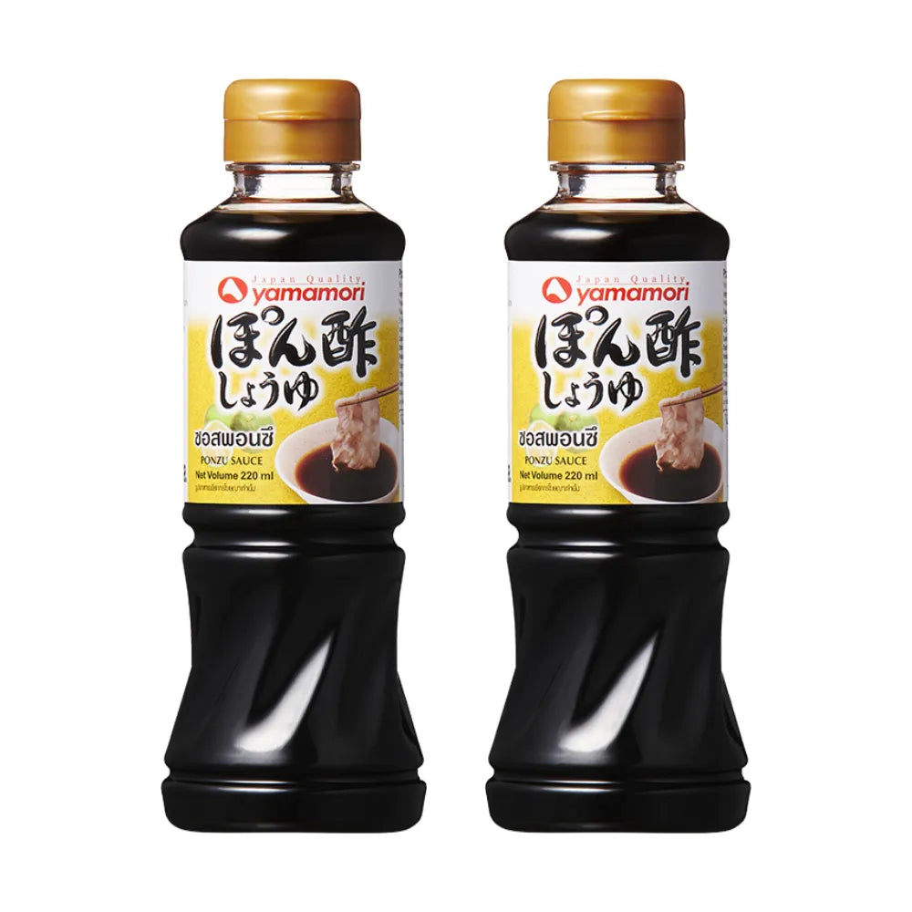 Yamamori Ponzu Sauce 220ml bottles, Japanese citrus soy sauce, in clear glass bottles with black caps, side by side