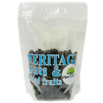 Heritage Black Raisins in a clear container, showcasing glossy, dark dried grapes used as confectionery snacks.