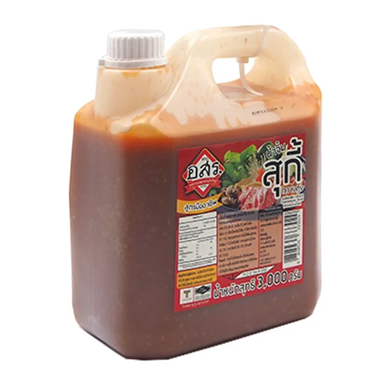AORSORROR Cantonese Sukiyaki Sauce 3kg jar in a clear container, showcasing rich dark sauce for Asian cuisine cooking.