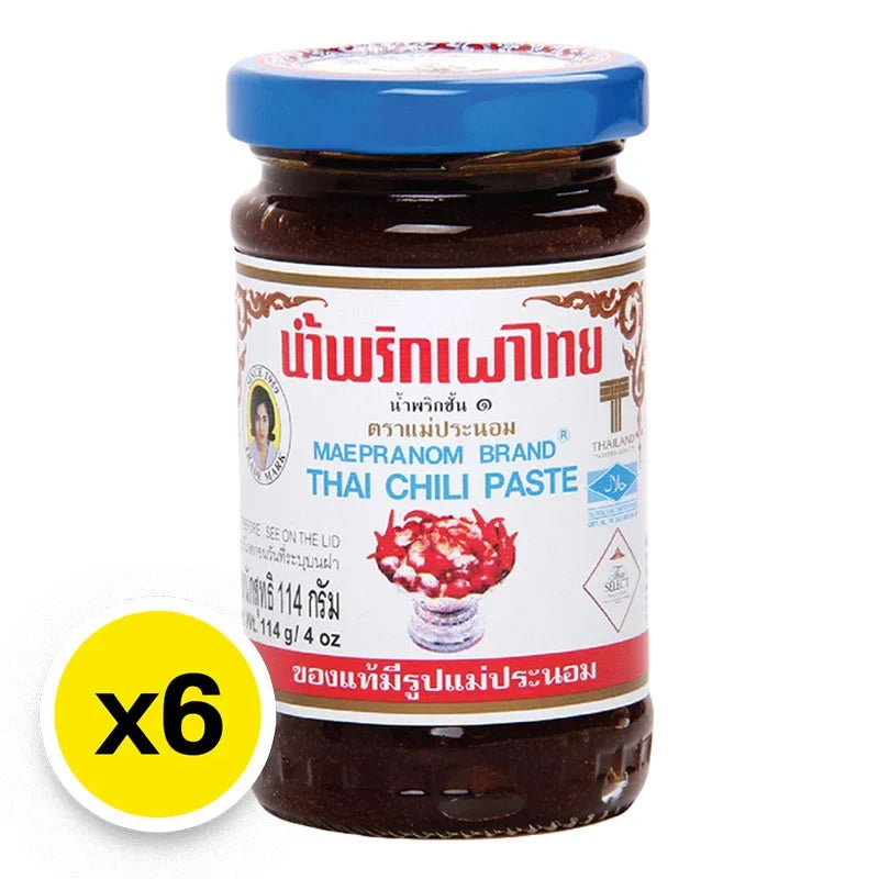 Maepranom Chili Paste in 144g containers, stacked in six-pack, traditional Thai dry grocery product with vibrant red chili appearance.