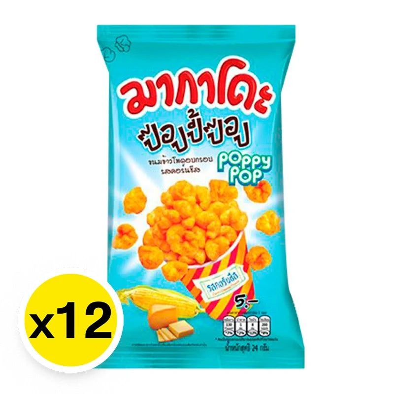 Makado Poppy Pop Potato Fries Corn Cheese flavor, 24g snack bag, crispy snack from Makado brand, close-up of potato fries.