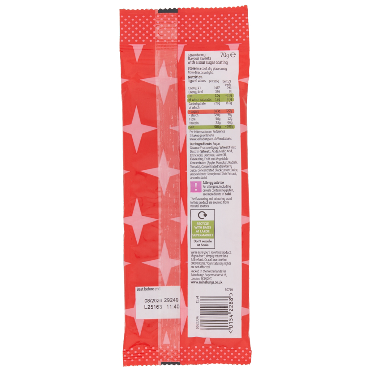 Sainsbury's Fizzy Strawberry Straws confectionery snacks with bright pink, fizzy strawberry-flavored candy sticks on a white background.