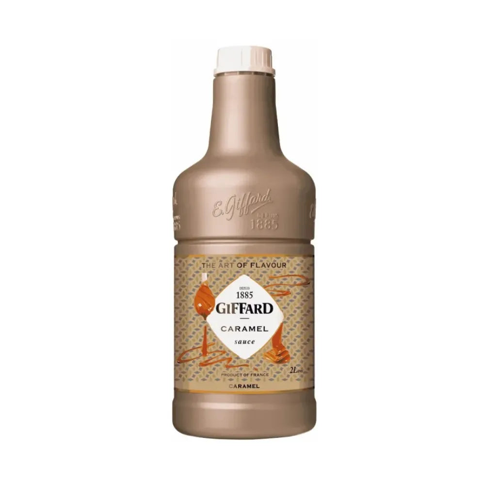 Giffard Caramel Sauce 2L bottle for desserts and baking, featuring rich caramel flavor in a large dry grocery bottle.