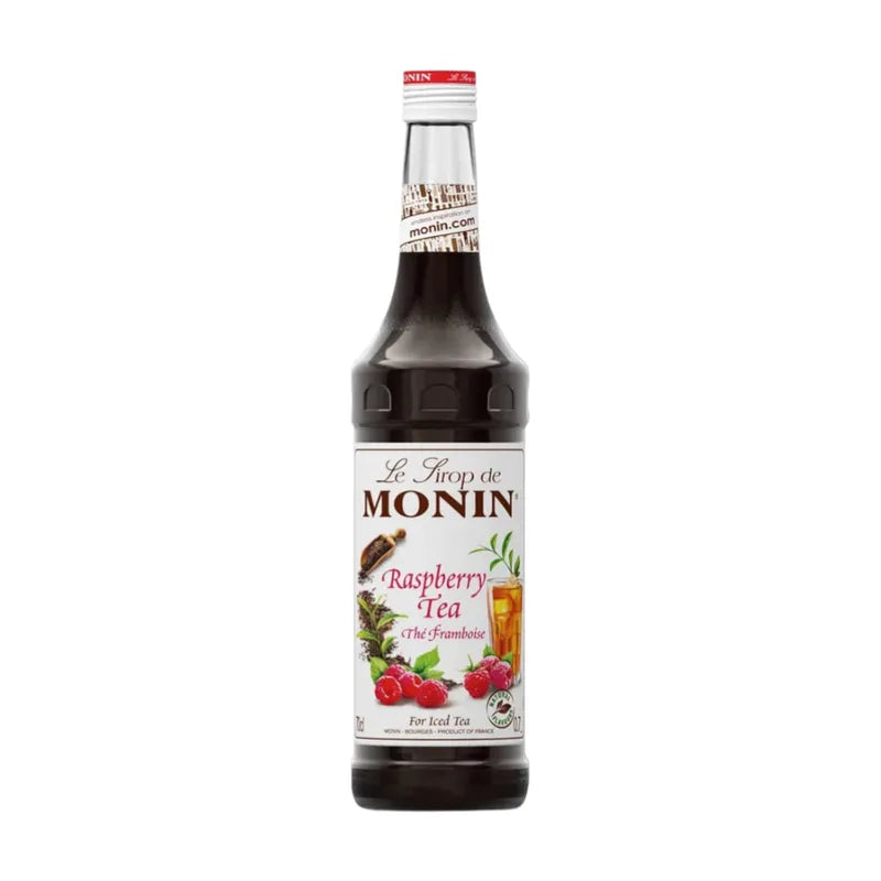 Bottle of Monin Raspberry Tea Syrup in 700ml size, featuring the label and packaging for dry grocery use.