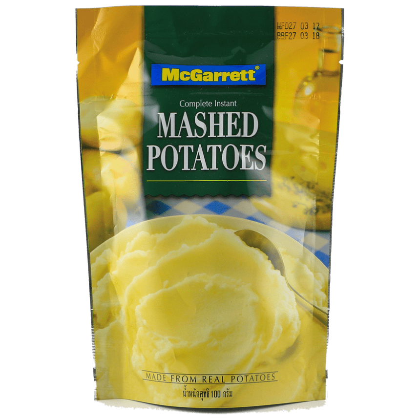 McGarrett Complete Seasoned Mashed Potatoes in a grocery package, ready to serve as a flavorful side dish.