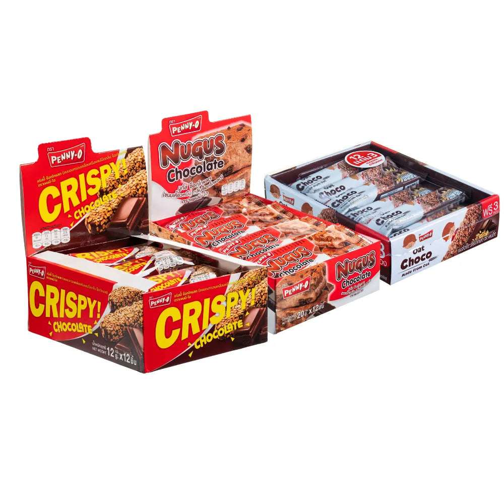 Pennyo Chocolate Snacks Crispy Oat Bar Nugus, pack of 3, dry grocery snack with chocolate and oat ingredients, branded PENNYO.